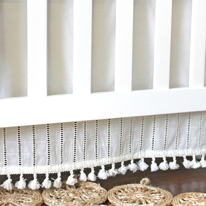 Off-White Boho Crib Skirt by Crane at $79.99! Shop now at Nestled by Snuggle Bugz for Nursery & Décor.